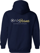 Load image into Gallery viewer, NEW embroidered only farms navy unisex hoodie with slogan (yellow)

