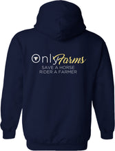 Load image into Gallery viewer, NEW embroidered only farms navy unisex hoodie with slogan (yellow)
