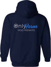 Load image into Gallery viewer, NEW embroidered only farms unisex navy hoodie with slogan (blue)
