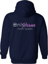 Load image into Gallery viewer, NEW embroidered only farms unisex navy hoodie with slogan (pink)
