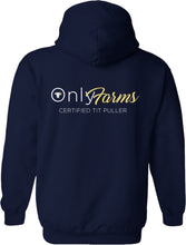 Load image into Gallery viewer, NEW embroidered only farms navy unisex hoodie with slogan (yellow)

