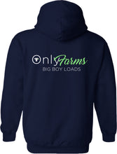 Load image into Gallery viewer, NEW embroidered only farms navy unisex hoodie with slogan (green)

